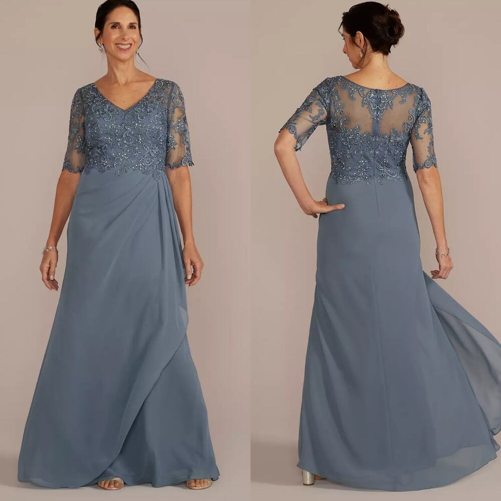 Oleg Cassini Steel Blue Chiffon & Lace Empire Waist Beaded Gown - Picture 1 of 10